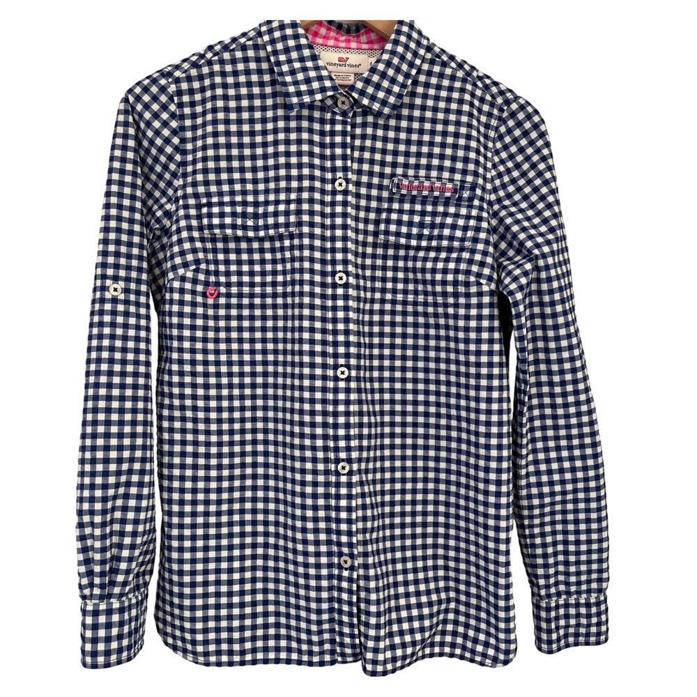 Vineyard Vines Performance Seersucker Vented Back Sz 6 Blue White Gingham Check